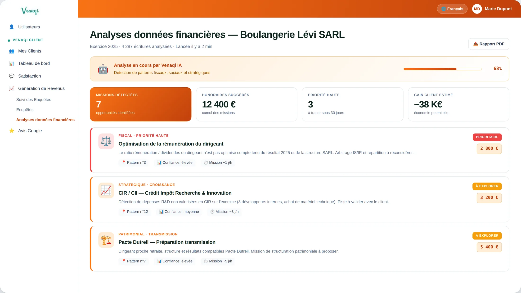 Analyse des données financières par Venaqi Missions : missions détectées, honoraires suggérés et opportunités priorisées à partir du FEC.